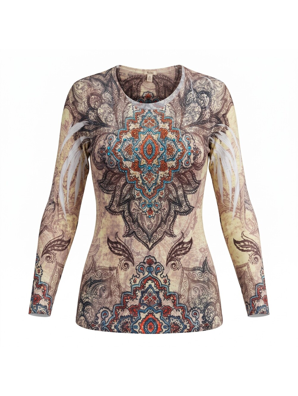 **Reba Embellished Paisley 3/4 Sleeve Top – Size L – Rhinestone Boho Shirt**